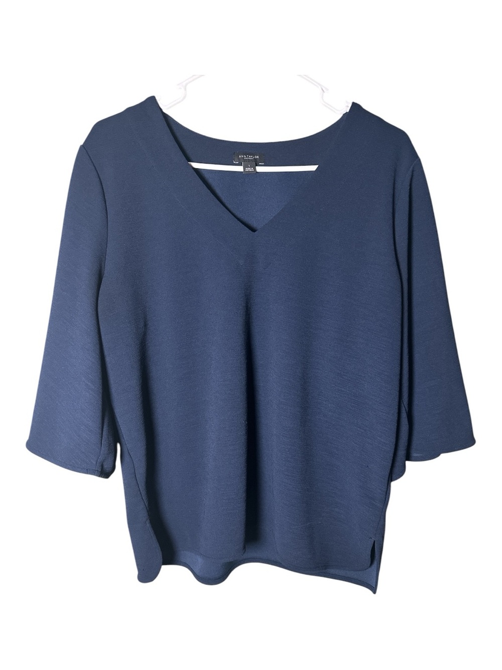 Ann Taylor Factory Navy Blue V-Neck Tunic Top Size L 3/4 Sleeve